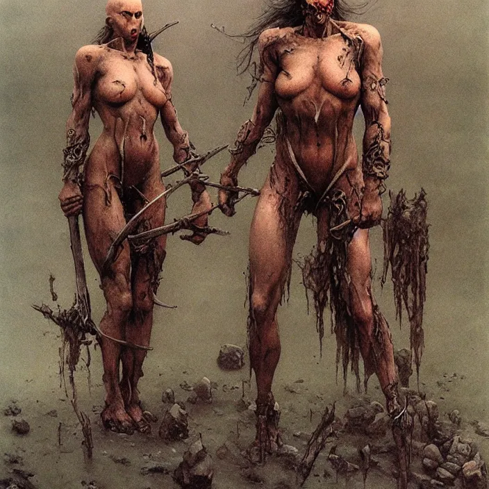 Prompt: bald barbarian girl figts goblins by Beksinski and Luis Royo