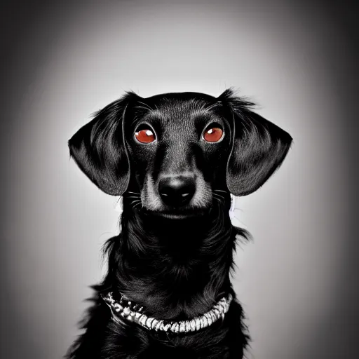 Prompt: Emo dachsund, goth aesthetic, ultra HD photo, 8k award-winning, gothic emo scene dog