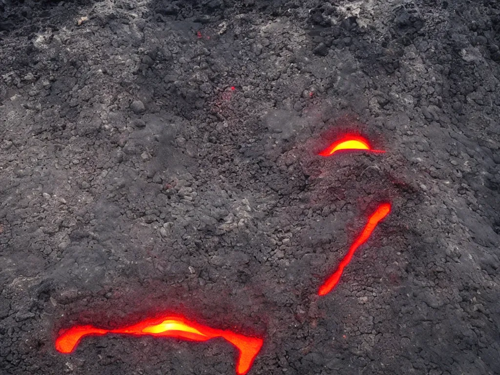 Prompt: alien technology hidden in a volcano, glowing futuristic alien technology, hot volcanic rock and lava, HD photography