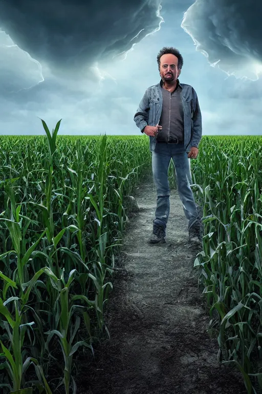 Image similar to Giorgio A. Tsoukalos abducted by aliens in a corn field,photo realistic,sci-fi,mistery,8k,unreal engine,octane render