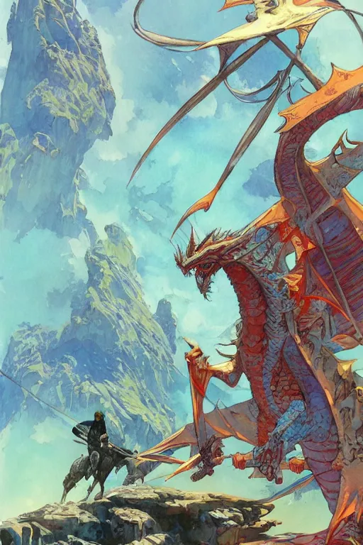 Image similar to wide angle on fantasy dragon lama rider with hood or hat, scifi, art by moebius or juan gimenez, in watercolor gouache detailed paintings, in style of syd mead, colorful comics style, artstation