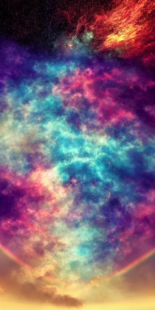 Image similar to hyper realistic photo of beautiful dreamy sky full of a billion rainbow stars, yoda, hyper realistic, fractal art, art station, coherent design, symmetrical, vivid colour, complementary colour, golden ratio, detailed, sharp lines, intricate, rainbow shift, in unreal 3 d engine, ray tracing, octane render