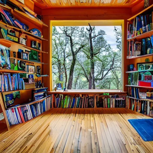 Prompt: A bright treehouse with bookshelves, paintings, coffee, kittens and windows overlooking the apocalypse, Nikon D810 ISO 64 focal length 20 mm