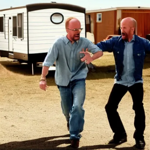 Image similar to jesse pinkman and walter white dancing on top of a caravan