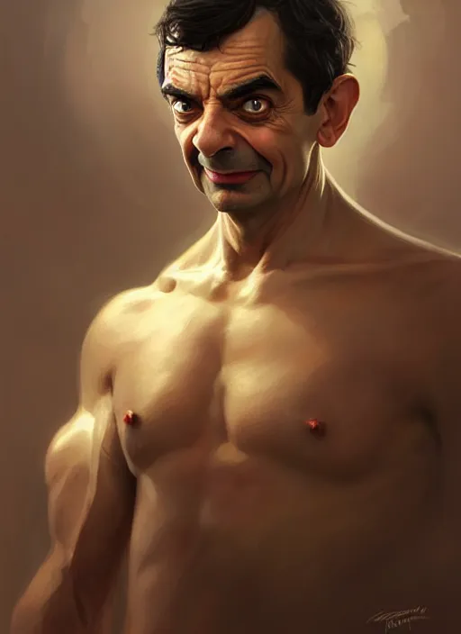 Image similar to portrait of mr bean, d & d, muscular! fantasy, intricate, elegant, highly detailed, digital painting, artstation, concept art, smooth, sharp focus, illustration, art by artgerm and greg rutkowski and alphonse mucha