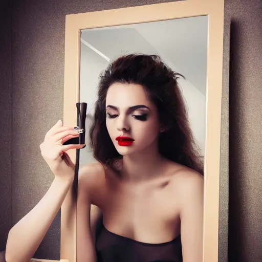 Prompt: a beautiful woman sitting at a vanity in front of a mirror, beautiful face, fashion photography, elegant furniture, cracked mirror, cracks