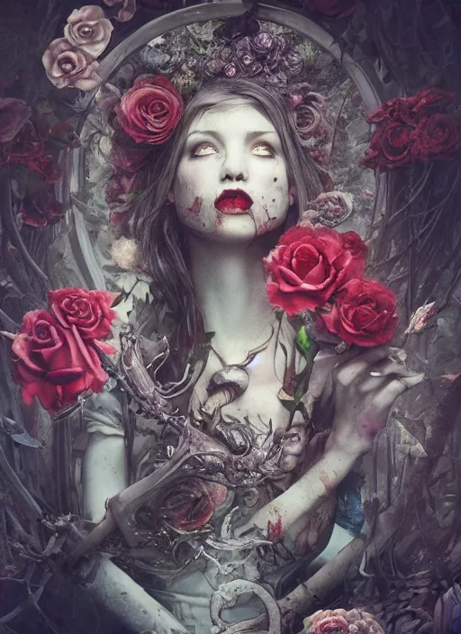 Image similar to Alice in Wonderland,roses,bullets,highly detailed,cinematic,8k,by Stanley Artgermm,Tom Bagshaw,Greg Rutkowski,Carne Griffiths, Ayami Kojima, Beksinski, Giger,trending on DeviantArt,hyper detailed,horror, full of colour