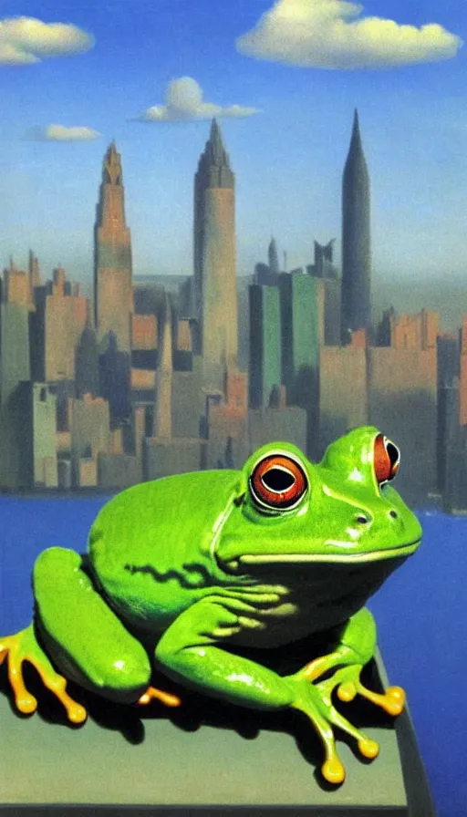 Prompt: cute frog with city in background by René Magritte, detailed, 4k