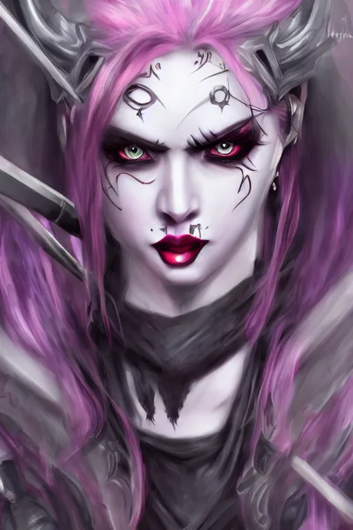 Image similar to demon girl warrior with swords, goth ninja, pretty face, ultra detailed, digital art, 8k ,character ,realistic, portrait, hyperrealistic