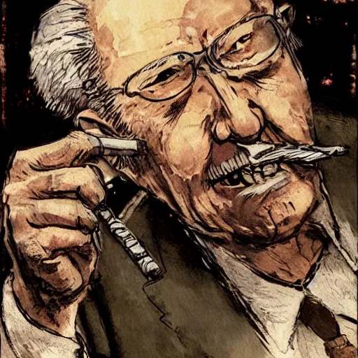 Prompt: old man and his cigar , Artwork by Akihiko Yoshida