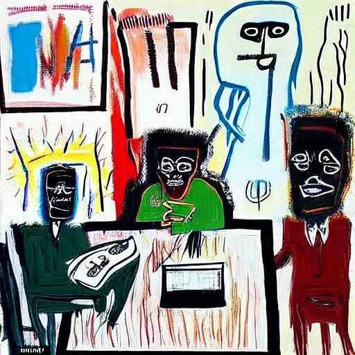 Image similar to “seal the deal, signing contracts in a corporate board room, by basquiat, very realistic, highly detailed”