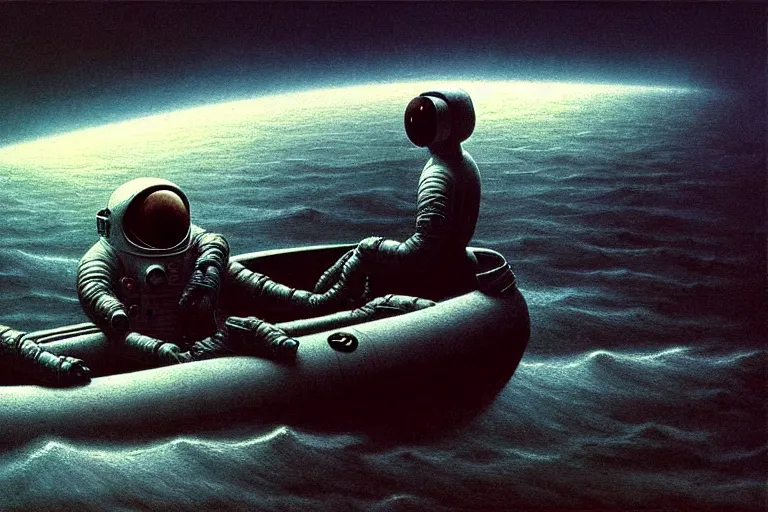 Prompt: astronaut in rubber boat, in the style of beksinski, intricate and epic composition, white by caravaggio, insanely quality, highly detailed, masterpiece, white light, artstation, 4 k
