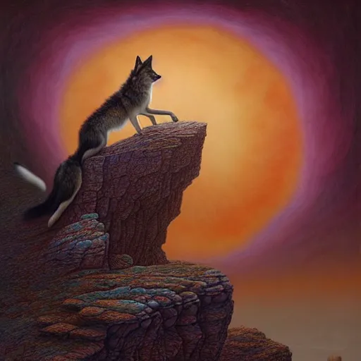 Image similar to a wolf on the edge of a cliff howling at the blood moon, by Adi granov and afarin sajedi and amanda sage and evgeni gordiets and Agostino Arrivabene and in a psychedelic portrait style, ultrarealistic matte painting, volumetric lighting, fractal, extremely symmetrical, highly detailed face, orisha, 8k, hd