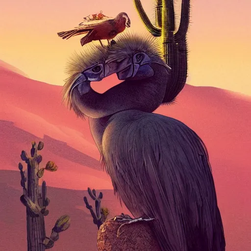 Image similar to A Dodo bird perched atop a Saguaro cactus in the desert, digital art, trending on Artstation, high detail, sharp focus, illustration, art by artgerm and greg rutkowski and alphonse mucha.