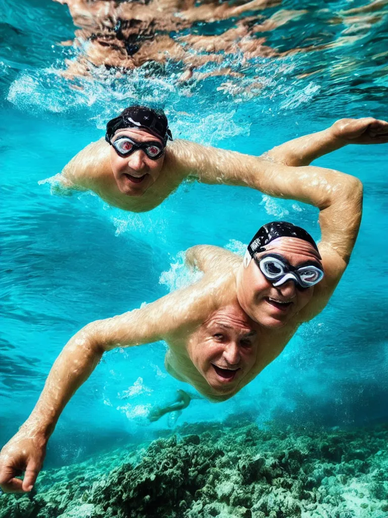 Prompt: a middle aged man swimming under the sea, only wearing swimming trunks, no goggles, dark hair, coral reef