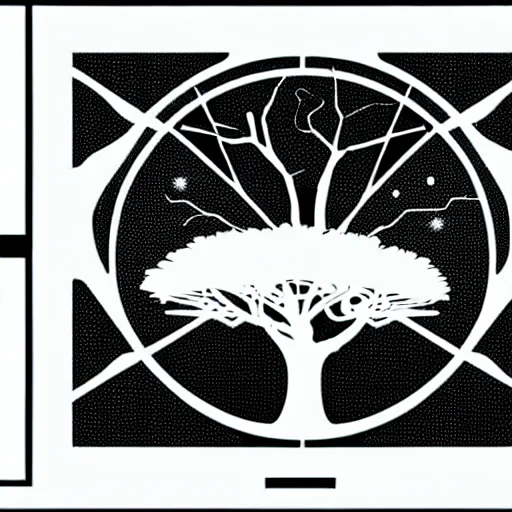 Image similar to black and white sci fi luxury themed svg vector art panel for cnc plasma, laser, stencil, unique art nouveau deco hole through circuit cedar tree forest design