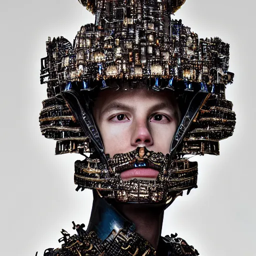 Image similar to a portrait of a beautiful young male wearing an alexander mcqueen armor made of circuits, photographed by andrew thomas huang, artistic