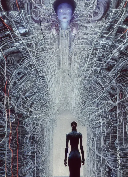 Image similar to Wanda Maximoff, dynamic pose, standing in a h.r. giger city, glowing, wires everywhere, by Edgar Maxence and Ross Tran, Zdzisław Beksiński, and Michael Whelan, distant, gustav dore, H.R. Giger, 8k, octane render