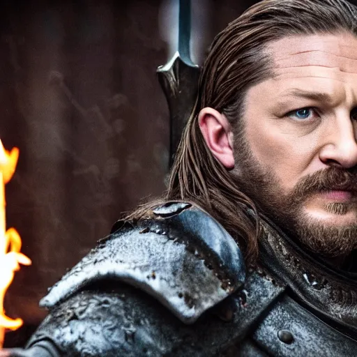 Image similar to A cinematic film still of Tom Hardy starring as Eddard Stark, he is holding a sword made of flame, portrait, 40mm lens, shallow depth of field, split lighting, cinematic