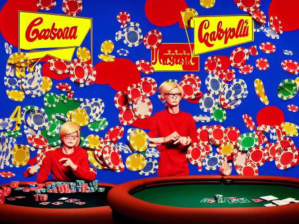 Prompt: hyper - realistic composition of a room in a casino with an extremely detailed poker table, croupier standing nearby fireworks in the background, pop art style, jackie tsai style, andy warhol style, acrylic on canvas