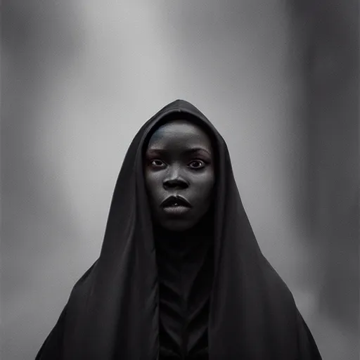 Image similar to a portrait of a young black woman wearing a long dark cloak, hood and shadows covering face, anatomically correct, beautiful perfect face, enigmatic, oil painting, matte painting, black background, Volumetric dynamic lighting, Highly Detailed, Cinematic Lighting, Unreal Engine, 8k, HD, by Beksinski