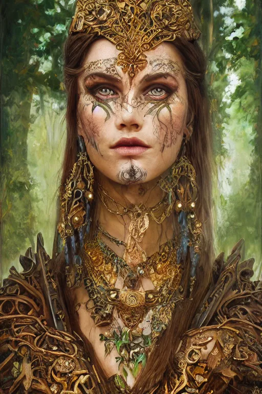 Image similar to oil painting of beautiful fantasy female warrior in the forest, symmetrical face, beautiful face, intricate jewellery, filigree armour, ethnic tattoos, big earrings, shining eyes, crystals, covered in plants, mystical trees, realistic oil painting, baroque, renaissance painting, dramatic, cinematic light, trending on artstation, rule of thirds, highly detailed, 8 k