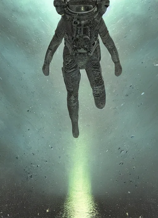 Image similar to astronauts in dark and empty void underwater - complex and hyperdetailed technical suit. reflection and dispersion materials. rays and dispersion of light. volumetric light. 5 0 mm, f / 3 2. noise film photo. flash photography. ultra realistic, wide angle. poster by wayne barlowe, hajime sorayama aaron horkey, craig mullins