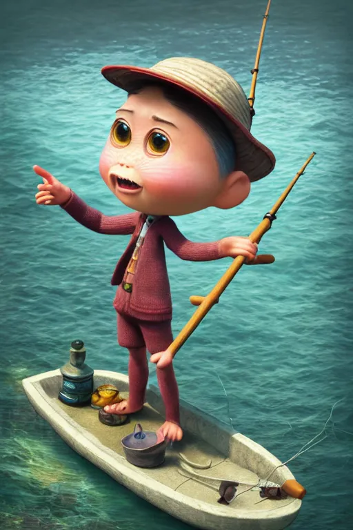 Prompt: Fisherman, isometric 3d, ultra hd, character design by Mark Ryden and Pixar and Hayao Miyazaki, unreal 5, DAZ, hyperrealistic, octane render, cosplay, RPG portrait, dynamic lighting, intricate detail, summer vibrancy, cinematic