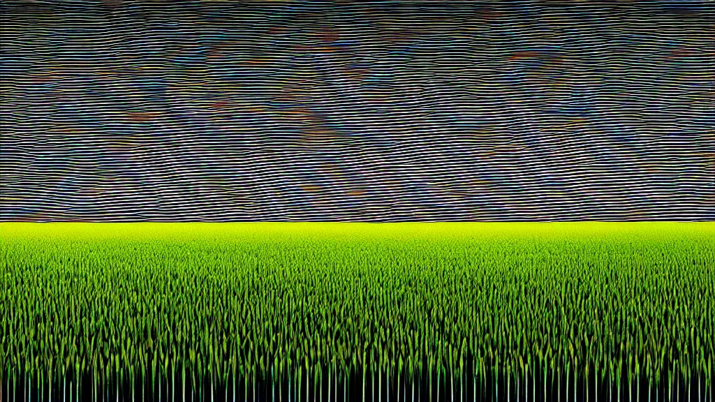 Image similar to dramatic landscape of rice fields of toyama, japan, a collage painting, in the style of wes anderson, lola dupre, david hockney, isolated on negative white space background dark monochrome neon fluorescent spraypaint accents volumetric octane render