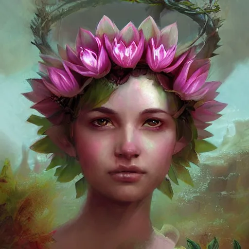 Prompt: Lotus floral crown girl, pink Lotus queen, epic fantasy style art by Craig Mullins, fantasy epic digital art