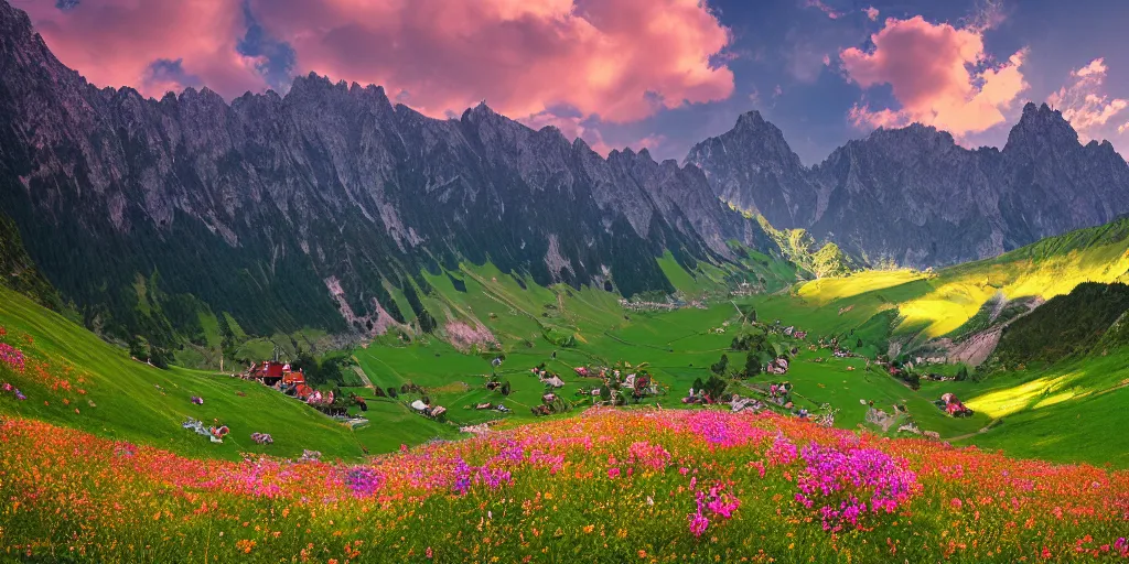 Prompt: a valley in full bloom in the austrian alps by Alena Aenami and Marc Simonetti