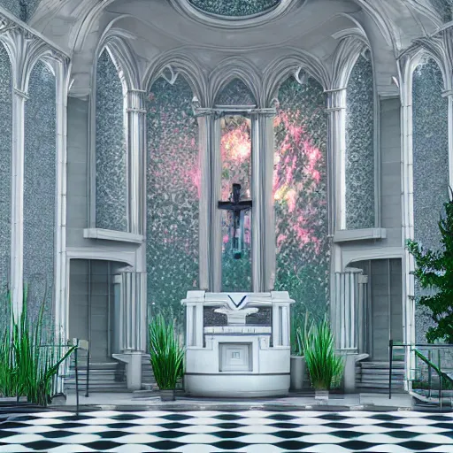 Image similar to vaporwave chapel, liminal space, high detail, rendered in unreal engine, 3d render, god rays, volumetric lighting, large windows, vegetation