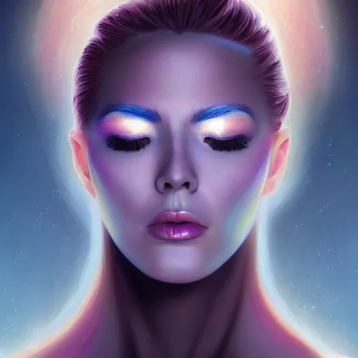 Prompt: celestial goddess facial portrait, legendary epic shot, 90s make-up, low angle, dawn, by artgerm, julie bell, beeple and Greg Rutkowski, airbrush, science fantasy, 90s, concept art, realistic matte painting, Smooth gradients, octane render, 8k, High contrast, duo tone, depth of field, volumetric lightning, very coherent, symmetrical, skin pore detail
