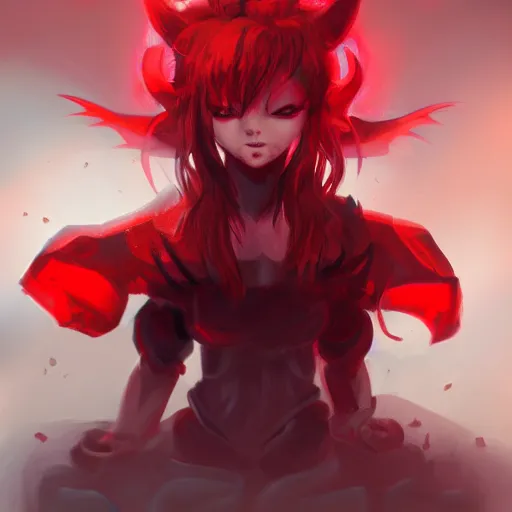 Prompt: cute demon ,RED color scheme , fully detailed, atmospheric, volumetric lightening, beautiful , deviant art, artstation