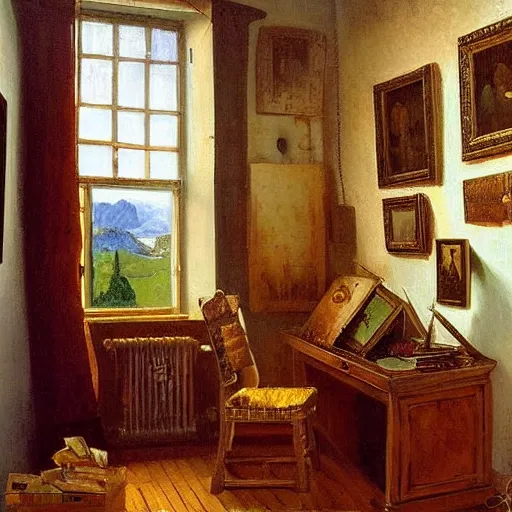 Image similar to a cozy little office nook, dmitry spiros, leonardo da vinci, jacques - louis david, johannes vermeer, 8 k, wide angle,