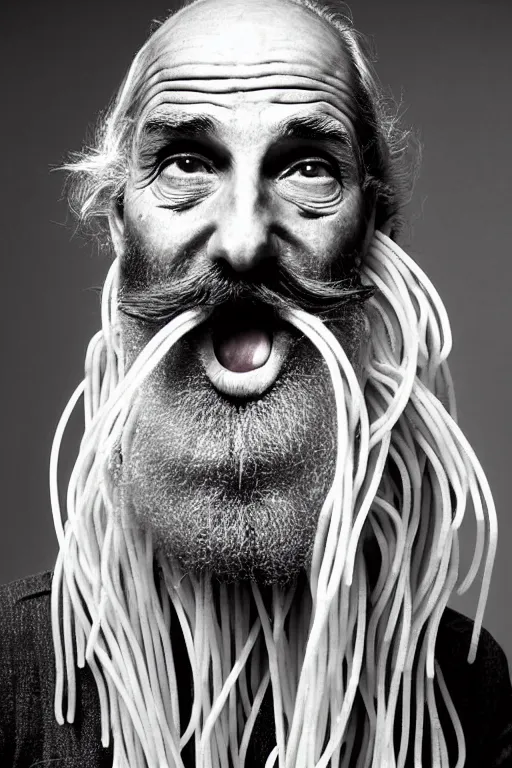 Image similar to extremely detailed portrait of old italian cook, spaghetti mustache, slurping spaghetti, spaghetti in the nostrils, spaghetti hair, spaghetti beard, huge surprised eyes, shocked expression, scarf made from spaghetti, full frame, award winning photo by herb ritts