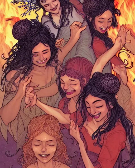 Image similar to fantasy comic cover art of a ( ( group of faeries ) ) laughing and dancing around a bonfire, illustration by jenny frison and sana takeda, intricate details, stunning inking lines, stunning gradient colors, 4 k, hd, artstation, award winning