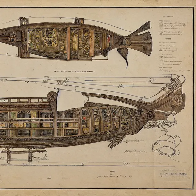 Image similar to detailed, intricate technical drawings on parchment from 1 8 4 0, with labels and notes, for a beautiful, symmetric, art deco submarine cutaway, by ron cobb and alphonse mucha