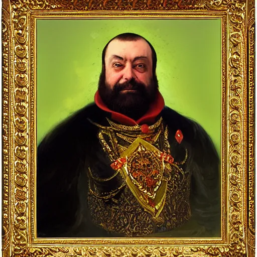 Image similar to Emperor Squangus XIV the Splangdificent of Frog Kingdom, royal portrait painting commissioned from Ilya Repin