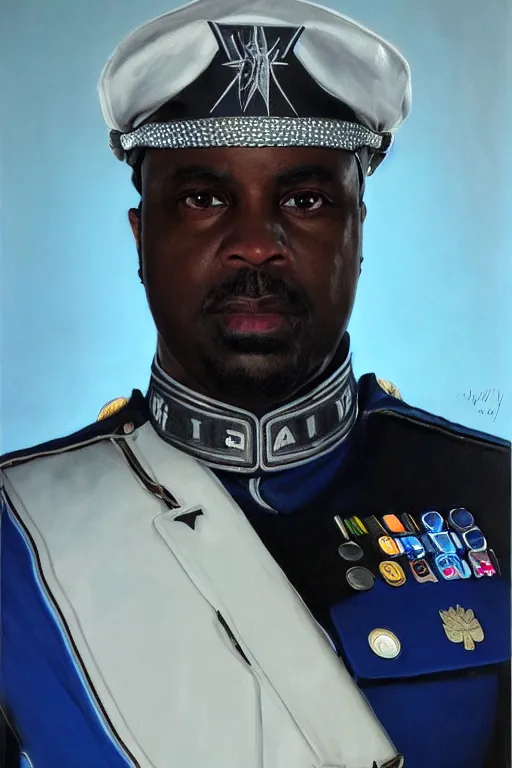 Image similar to full body portrait of the dictator of the orlando magic, 2 0 4 5, in full military garb, magic blue, silver, and black, oil on canvas by william sidney mount, trending on artstation, futuristic