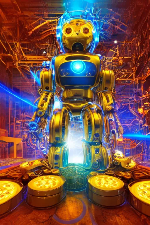 Image similar to portrait photo of a giant huge golden and blue metal steampunk robot with gears and tubes, robot is made of vaccuumcleaner, on the wet floor are mop and bucket, eyes are glowing red lightbulbs, shiny crisp finish, 3 d render, 8 k, insaneley detailed, fluorescent colors, background is multicolored lasershow