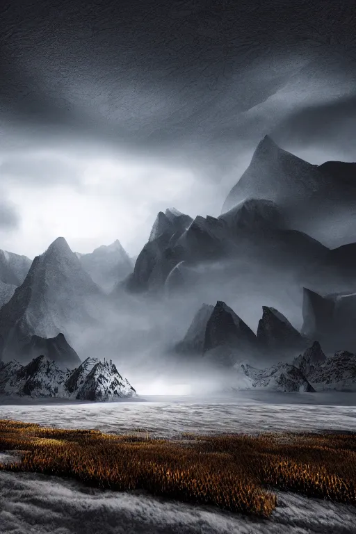 Image similar to 3 d render, realistic nature, dark color palate, snowy craggy sharp mountains, stormy weather, lightning, 8 k