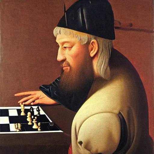 Image similar to portrait painting of a medieval King playing chess by George Stubbs and caravaggio, oil painting, old master, masterpiece