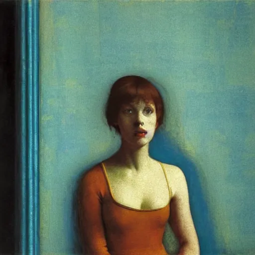 Image similar to close up of a girl in a blue and gold haunted liminal abandoned room, film still by edward hopper, by Pontormo, by klimt, art noveau, highly detailed, strong lights, liminal, eerie, Bright pastel colors