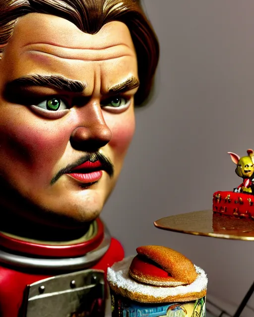 Image similar to highly detailed closeup, face profile portrait of a tin toy leonardo dicaprio as a medieval goblin eating cakes in a castle, hyper realistic, artstation, illustration, nicoletta ceccoli, mark ryden, lostfish, dan decarlo, bob clampett, max fleischer, digital paint, matte paint, vivid colors, detailed and intricate environment