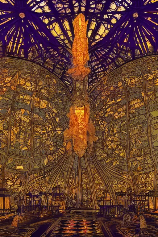 Prompt: interior of steampunk crystal palace, art nouveau, dramatic lighting, ultra - wide view, by hiroshi yoshida, ernst haeckel, moebius