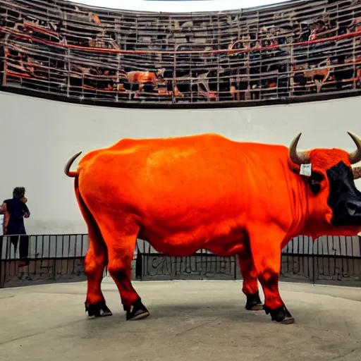 Image similar to bull in a bullring wearing orange prisoner clothes