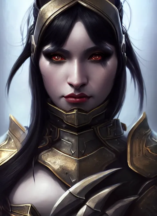 Image similar to full plate armor!!! beautiful and elegant dark hair female orc!! gorgeous ayes!! character concept art, sharp focus, octane render! unreal engine 5! highly rendered!! trending on artstation!! detailed linework!! illustration by artgerm, wlop, and chie yoshii