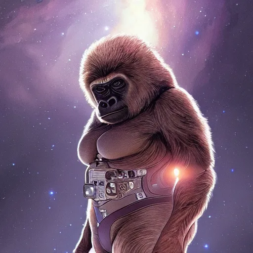 Image similar to detailed science - fiction character portrait of a silverback gorilla wearing a omnicolored space suit, intricate, wild, highly detailed, digital painting, artstation, concept art, smooth, sharp focus, illustration, art by artgerm and greg rutkowski and alphonse mucha