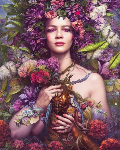 Image similar to portrait of the african queen of the underworld, surrounded by flowers by karol bak, james jean, tom bagshaw, rococo, sharp focus, trending on artstation, cinematic lighting, hyper realism, octane render, 8 k, hyper detailed.